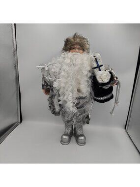18” Porcelain Face/Hands Gray Trimmed Silver Santa Standing Figure Christmas